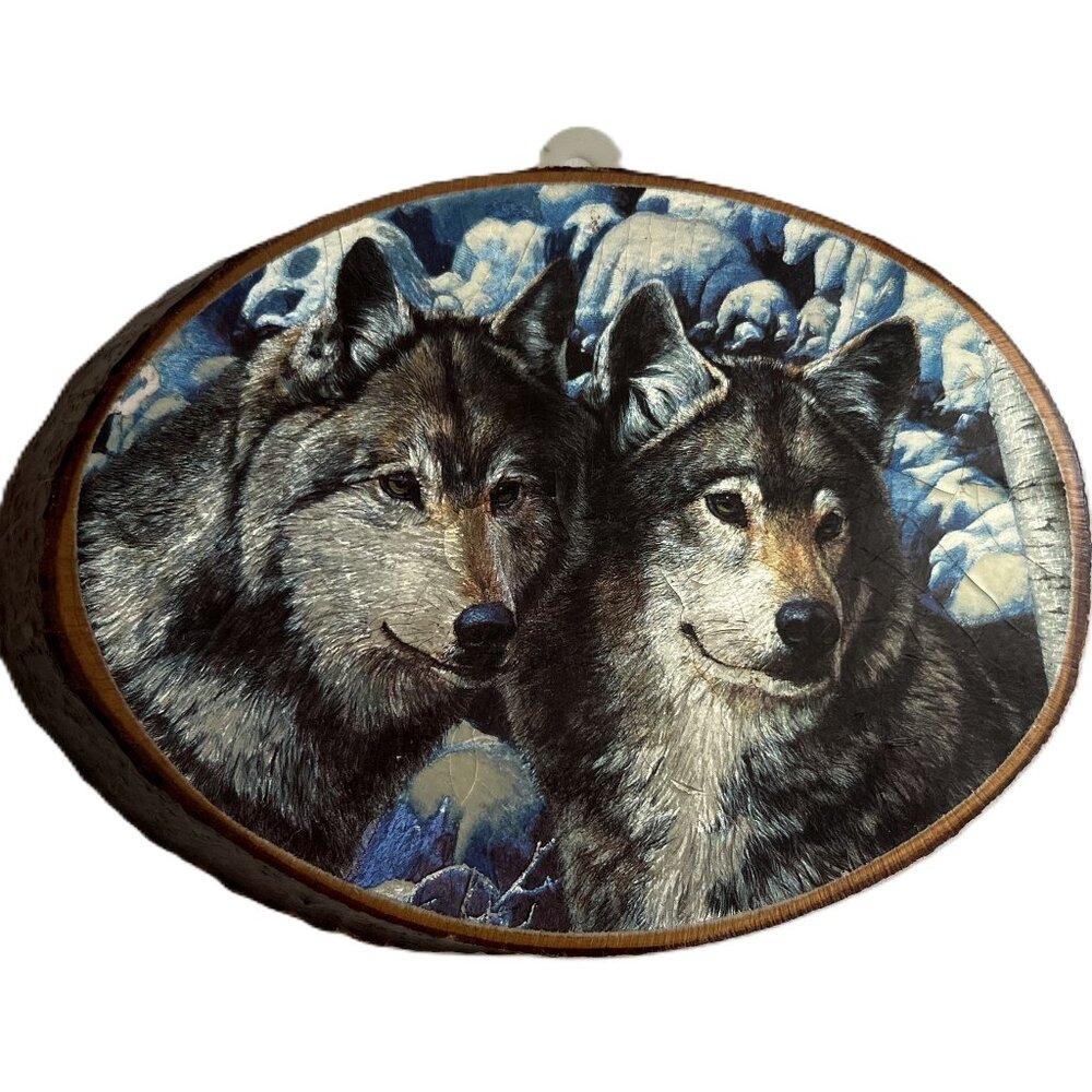 Vintage Holographic Winter Wolves Portrait on Wood Slice